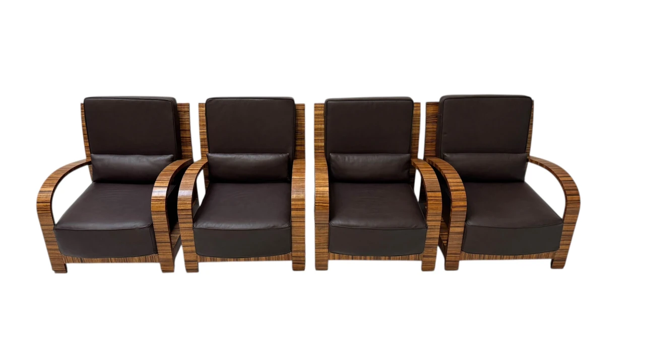 Four Art Deco Lounge Chairs with Leather Cushions France, 1930s